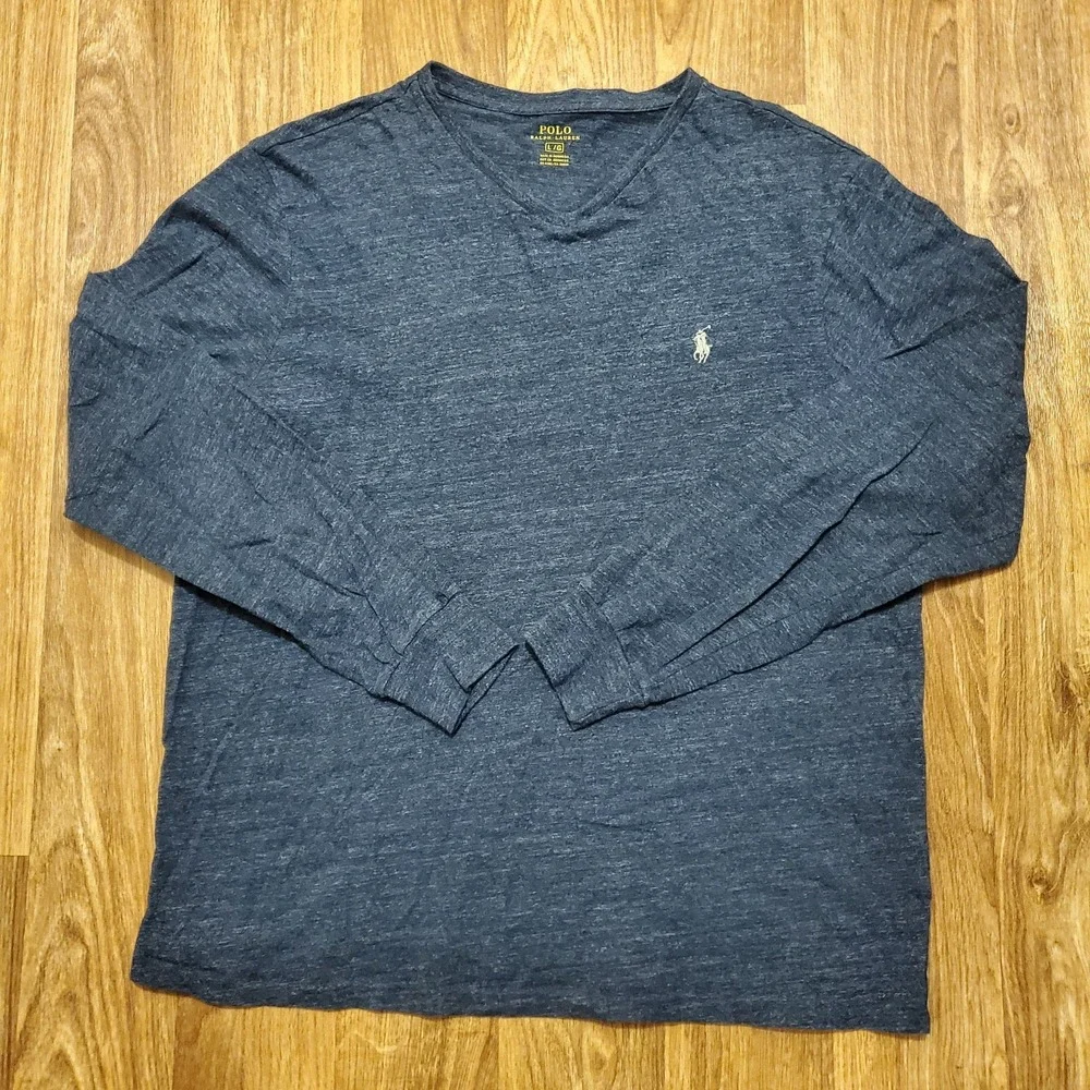 Polo Ralph Lauren Shirt‎ Men Large Blue Pullover V Neck Long Sleeve Preppy